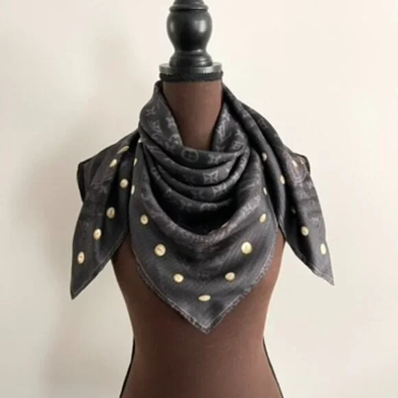 Louis Vuitton Scarf Monogram Denim Blask Gray Square Silk Wrap - Picture 10 of 16